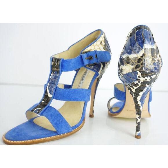 Brian Atwood Audra Blue Suede Snake High Heel Sandals Size 7.5 New $695 - Picture 2 of 11